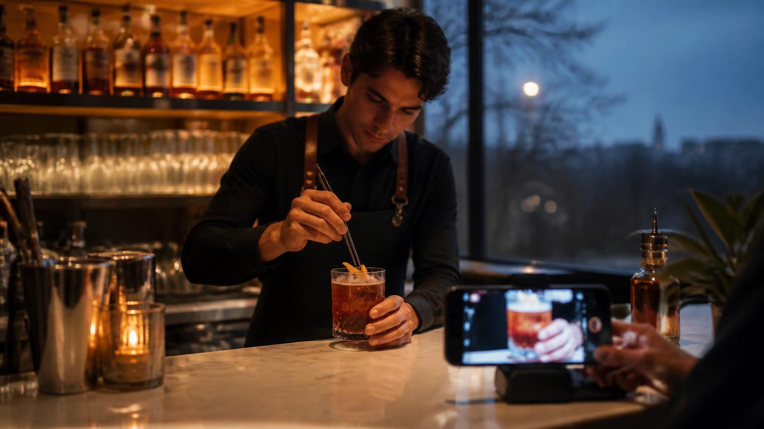 Bartender preparando um drink enquanto um celular grava a bebida no balcão