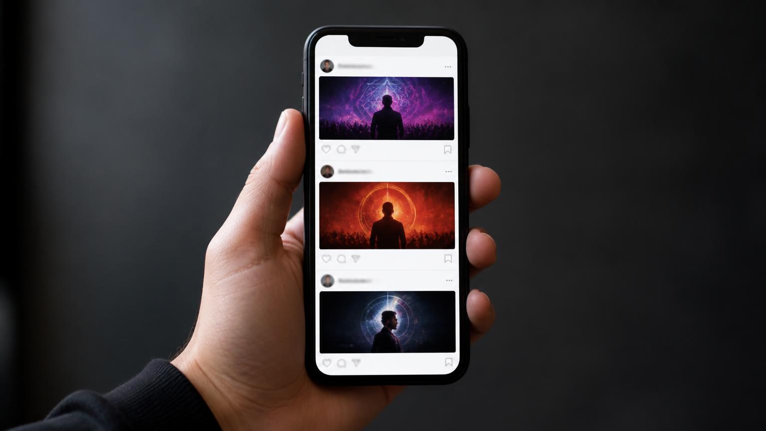 Mão segurando um celular com um feed de artes de eventos nas redes sociais