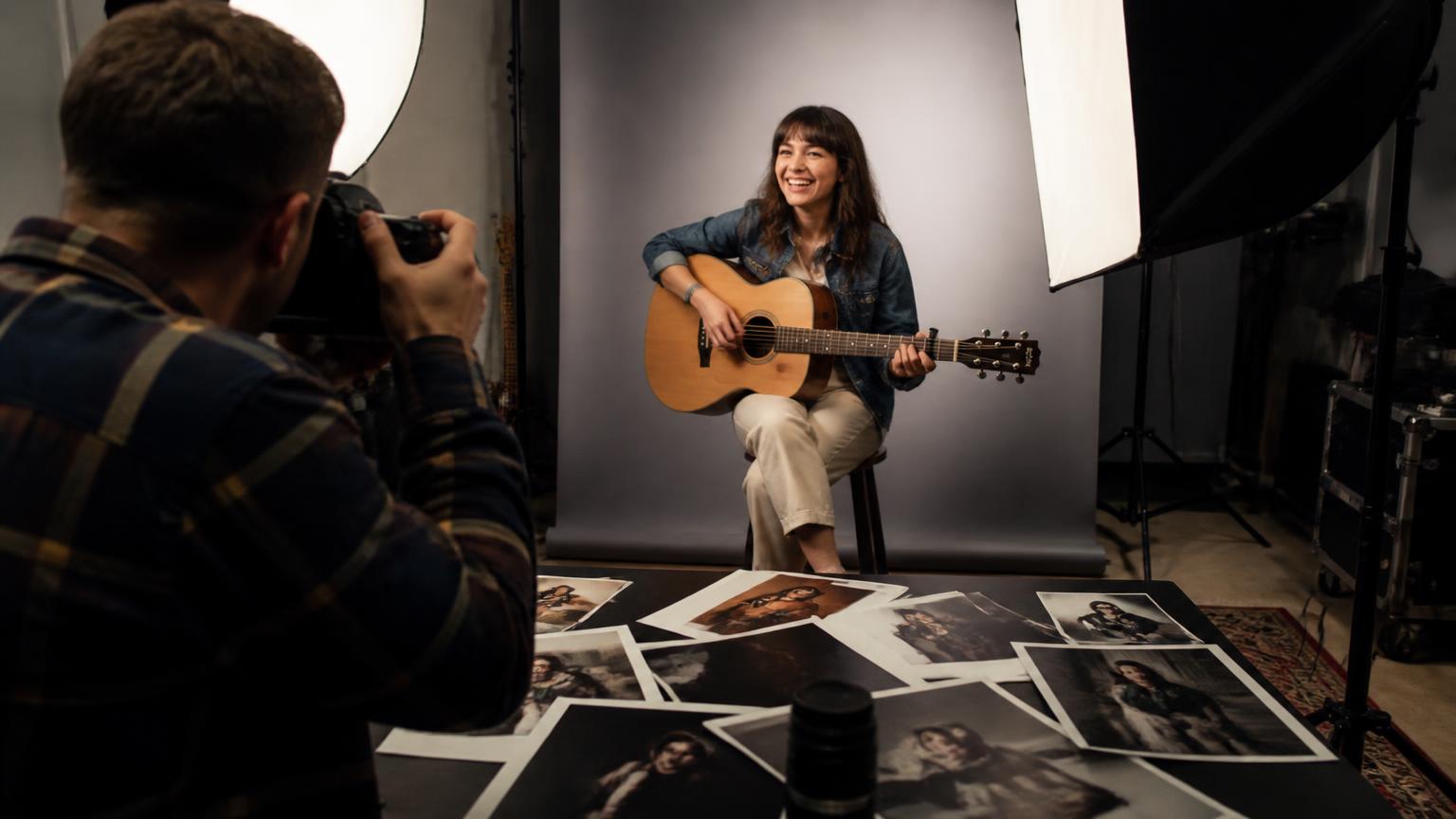 Sessão de fotos de uma cantora em estúdio com fotos de imprensa sobre a mesa