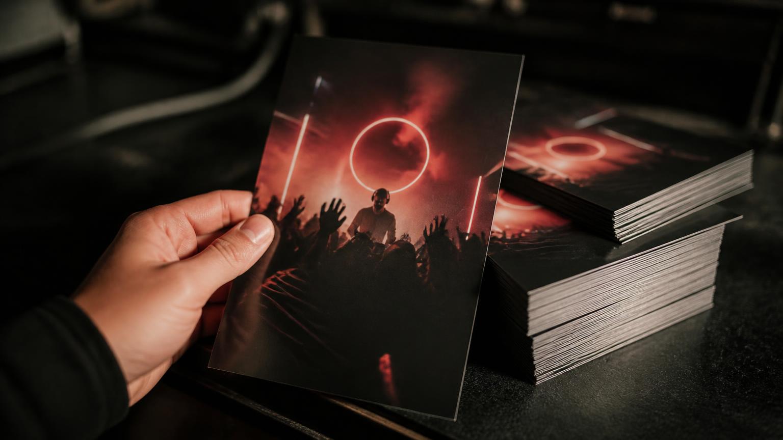 Mão segurando um flyer de festa impresso ao lado de pilhas de flyers