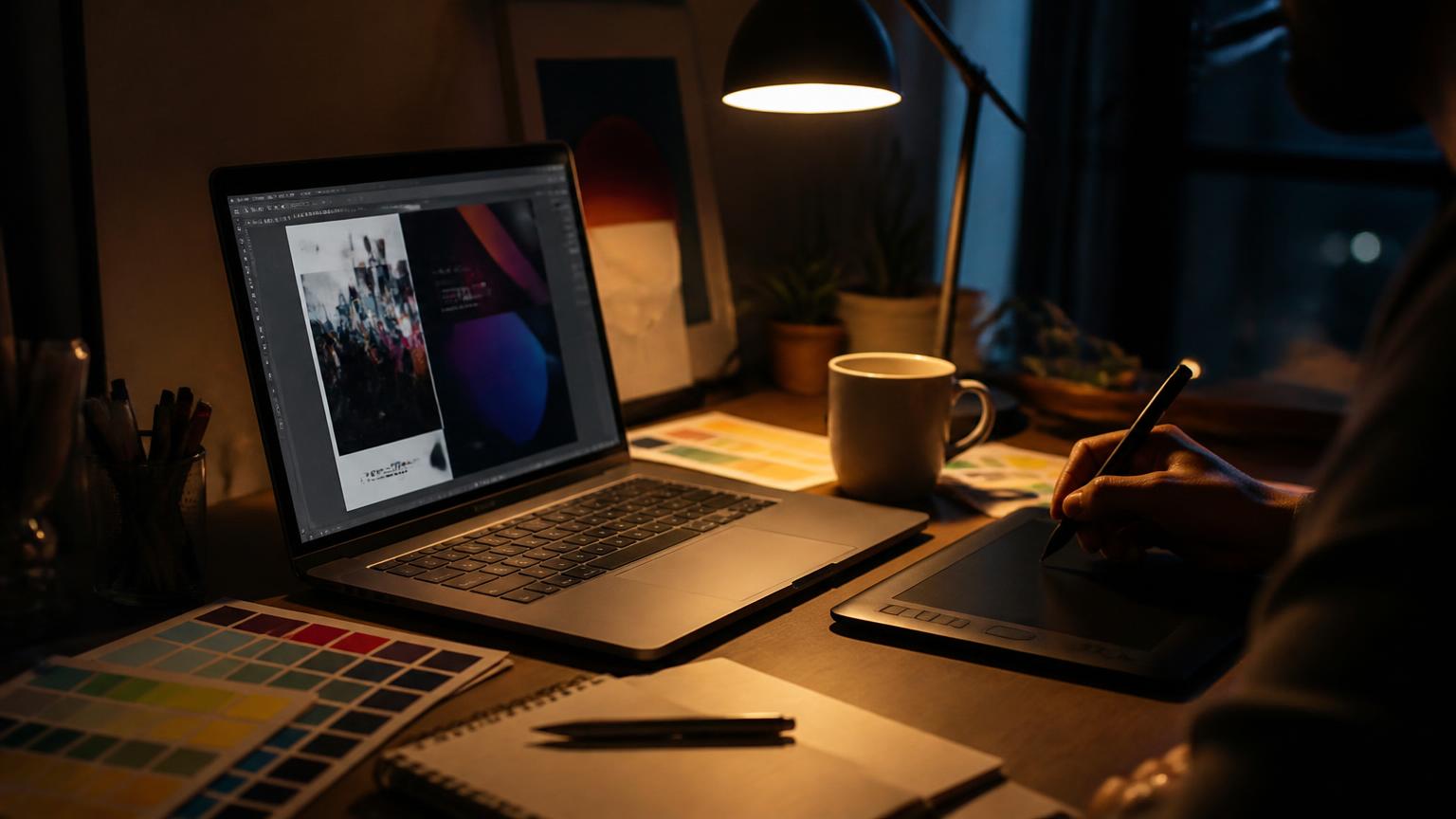 Designer editando um cartaz de evento em um notebook sobre a mesa à noite